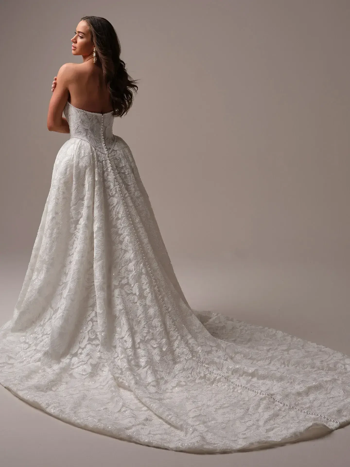 Model is wearing a ballgown with voluminous skirt, pearl-edged lace, and delicate beading for a glamorous, fairytale look.