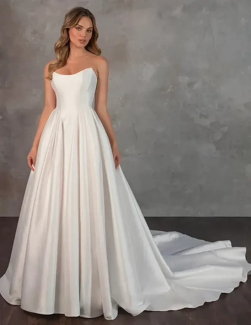 Model wearing a white bridal gown