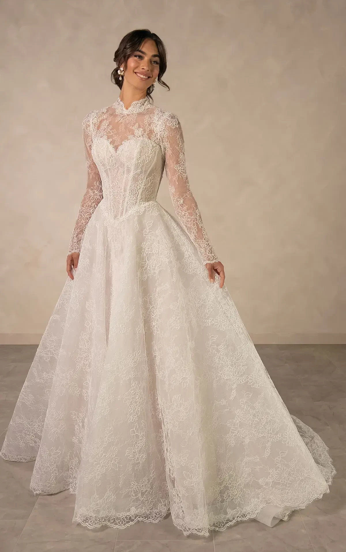 Model wearing a white bridal gown